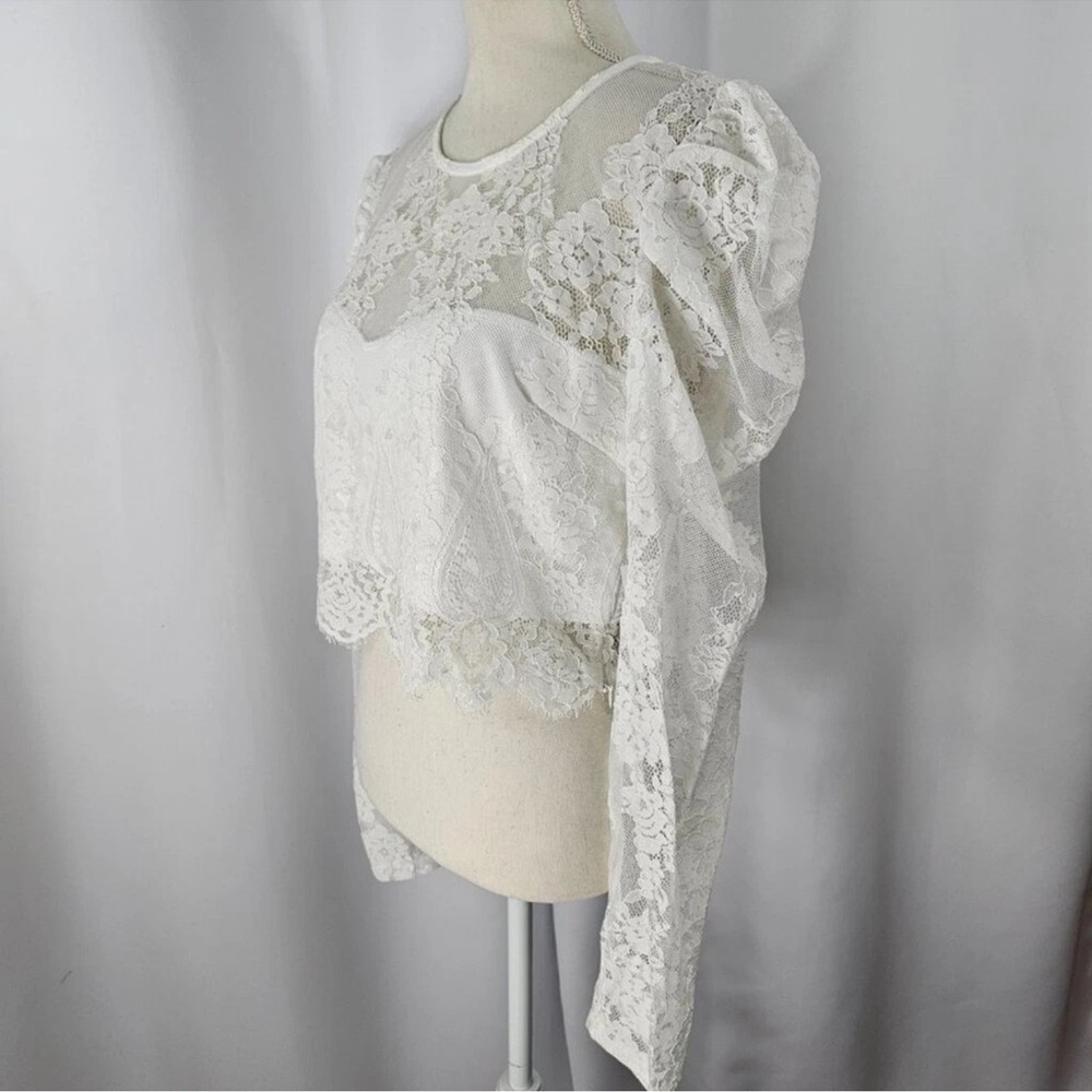 Lulus Women's Ivory Lace Long Puff Sleeve Cropped Blouse Size Medium - Picture 12 of 14